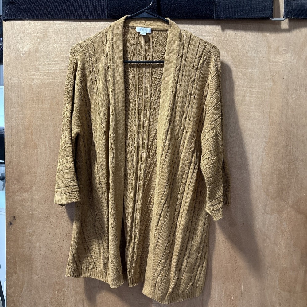J. Jill 3/4 Sleeve Open Front Cable Cardigan Sweater Small‎ Mustard XS Petite